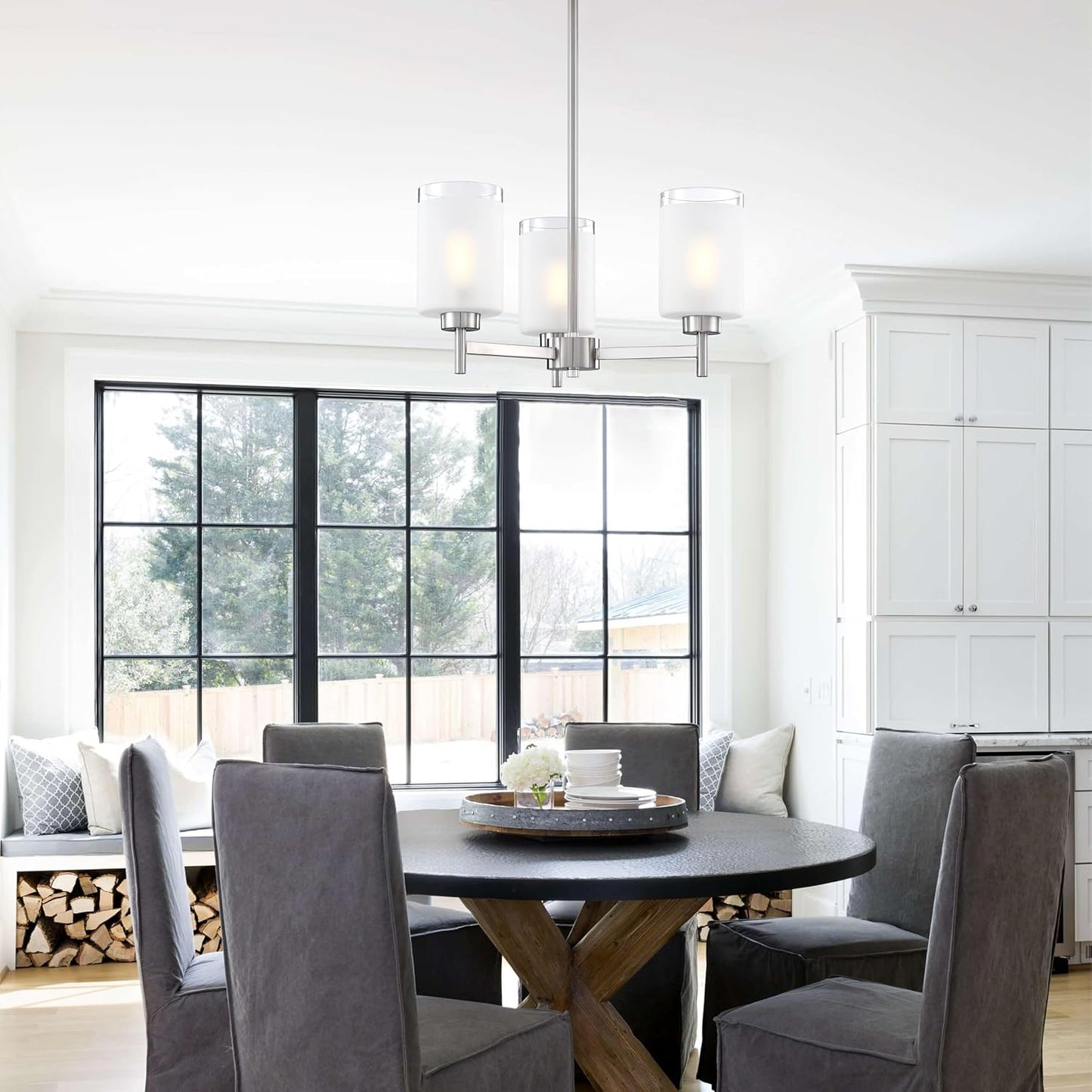 Doraimi Lighting 3 Light Chandelier Clear Frosted Glass Shade Classic Style Ceiling Pendant Light Fixture Brushed Nickel Finish for Meeting Room Dining Room Over Table Living Room