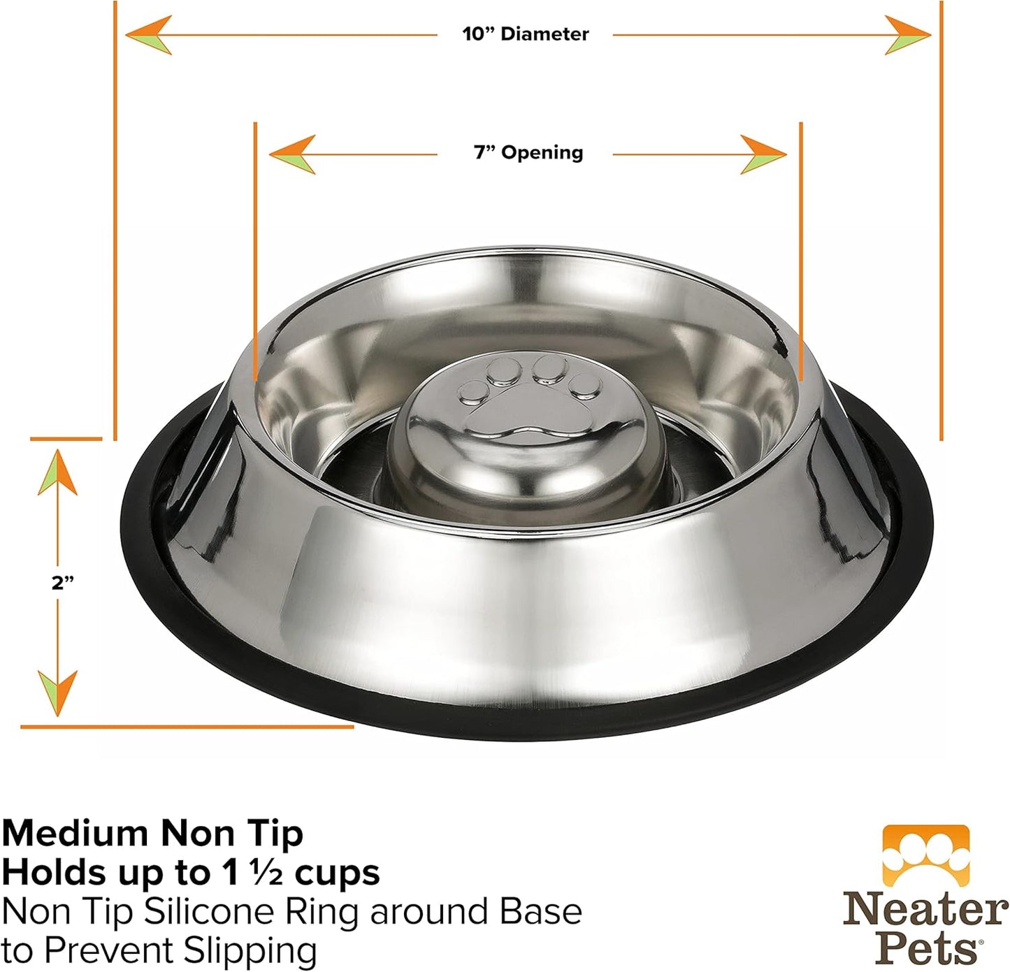 Neater Pet Brands Stainless Steel Slow Feed Bowl - Non-Tip & Non-Skid - Stops Dog Food Gulping, Bloat, Indigestion, and Rapid Eating (1.5 Cup)
