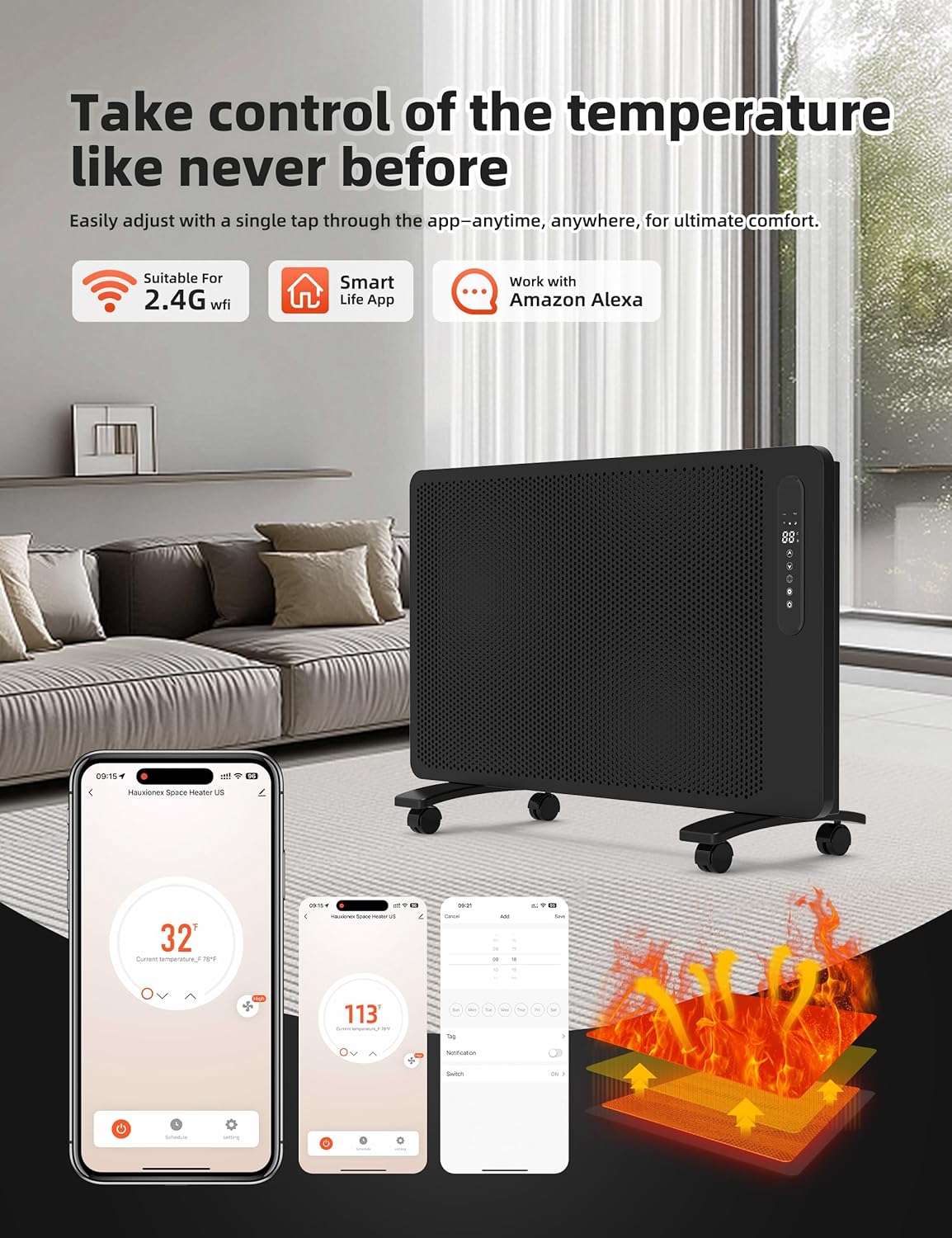 Energy Efficient Mica Infrared Space Heater for Large Room Indoor Use, Smart WiFi Wall Mounted or Portable Panel Heater, Fast Heating, Quiet, White