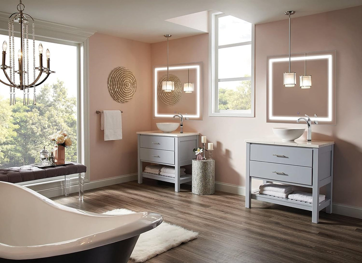 Krugg | Square 36 Inch X 36 Inch LED Bathroom Mirror | Lighted Vanity Mirror Includes Dimmer & Defogger | Wall Mount Vertical or Horizontal Installation