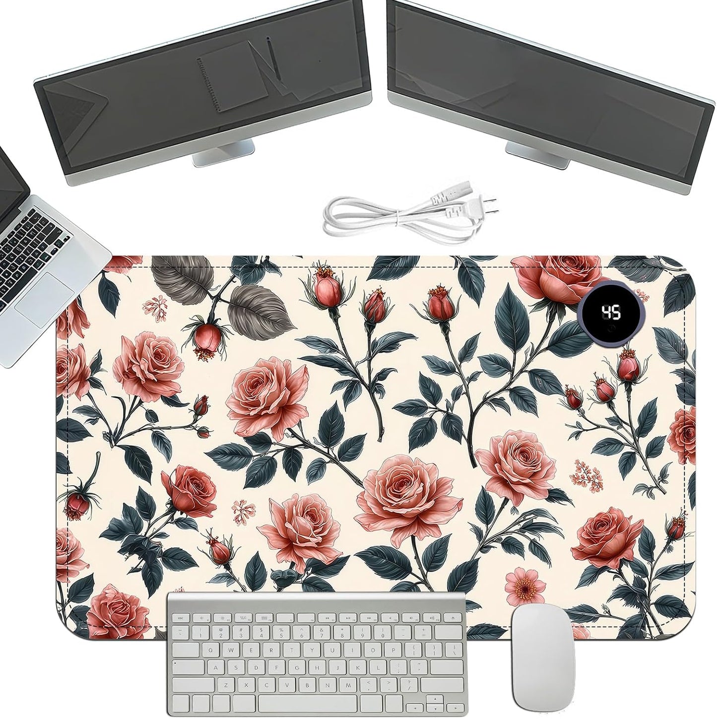 Heated Mouse Pad with 3 Temperature Settings(104°F–122°F),Large 24x14.2 Inch PU Leather Heated Desk Mat,Waterproof Warming Pad for Office,Gaming & Cold Hands Relief,Retro Flowers