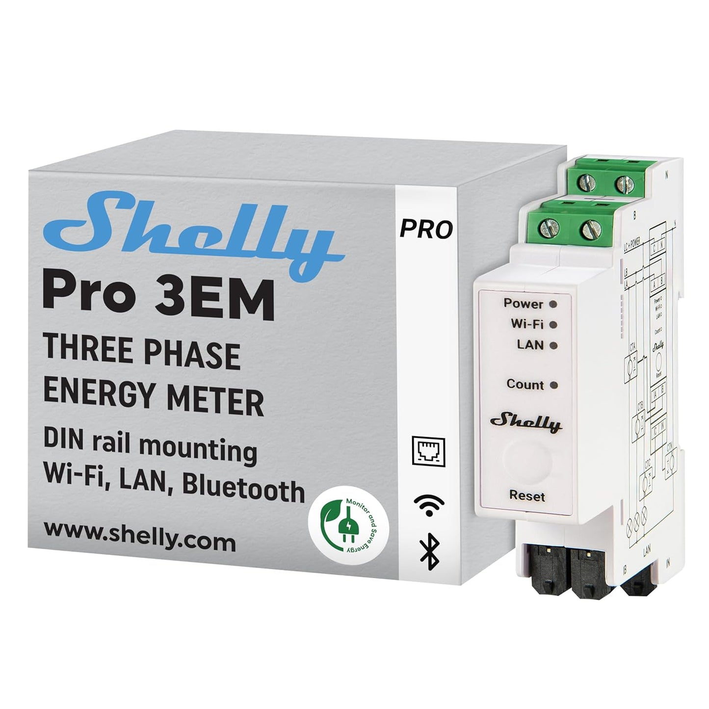 Shelly Pro 3EM (400A) | Wi-Fi & LAN, 3-Phase Smart Energy Meter | 2-Way Consumption | Home Automation | Bluetooth Gateway | Compatible with Alexa & Google Home | No Hub Required | Solar Panels