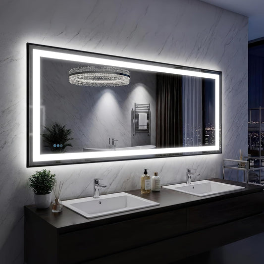 Antok 60X30 LED Bathroom Mirror with Lights, Vanity Mirror for Wall with Black Frame, Touch Control, Anti-Fog, Dimmable Lights, Shatter-Proof, Memory Function, Wall-Mounted Vanity Mirrors
