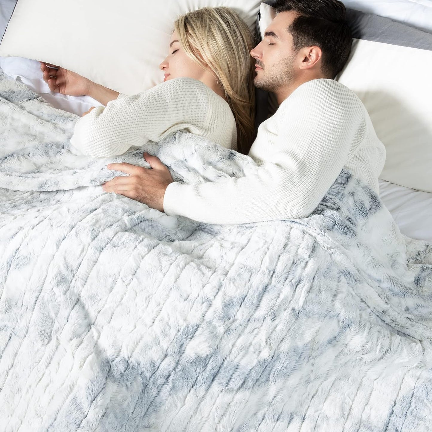 WOOMER Heated Blanket Queen Size 84" x 90", Electric Blanket with Dual Controllers, 0.5-12 Hours Timer & 10 Heating Levels, ETL Certified, Marble Blue Double-Sided Faux Fur, Machine Washable