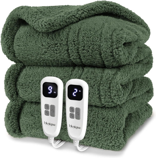Heated Blanket Electric Blanket King - Fast Heating Blanket Throw Dual Control Double Sided Sherpa with 10 Heating Levels & 2-10 Hours Auto Off, Mashine Washable, 90 x 100 Inches, Green