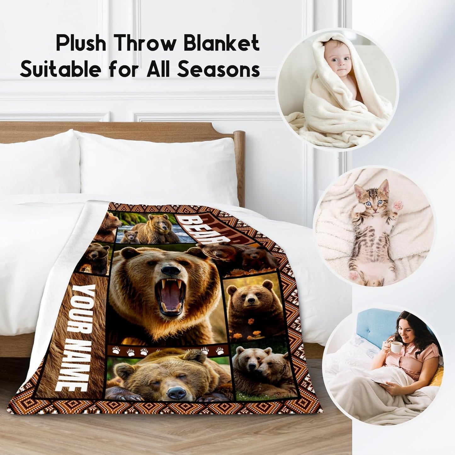 Personalized Blankets for Dad, Custom Bear Blanket Gifts for Men Boys Adults, 50"x60" Forest Animal Throw Gift for Hunters - Soft, Fuzzy & Cozy Flannel Throws Wildlife Country Decor