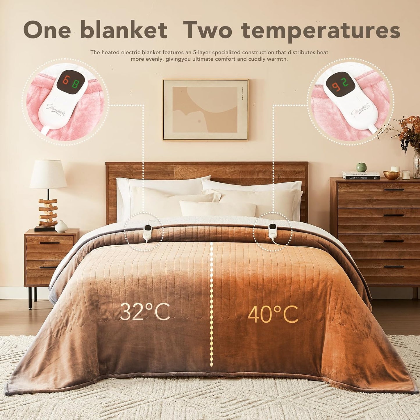 Homemate Electric Heated Blanket Twin - 62"x84" Heating Bed Blankets Throw with 10 Heating Levels 8 Hours Auto Off Fast Heating Over-Heated Protection Ultra Soft Warm Flannel ETL Certified Pink