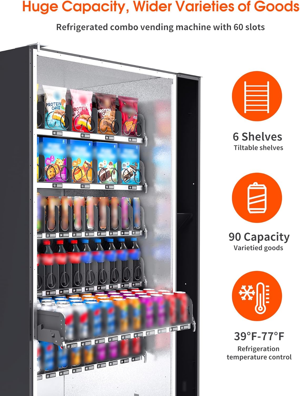 Afen Commercial Vending Machine with Bill & Coin Acceptor and Card Reader, 60 Slot Refrigerated Beverage Snack Combo Vending machine for Business, Durable Cashless Drink Vending in Bulk