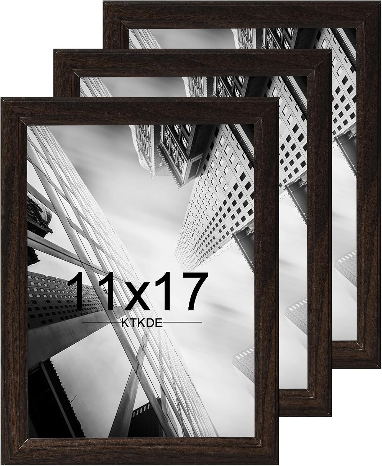 KTKDE 11x17 Picture Frame Set of 3,Walnut Wooden frames, Vertical & Horizontal Wall Hanging for Wall Display,Studio Gallery Photo Frame for Photos, Posters & Art Prints