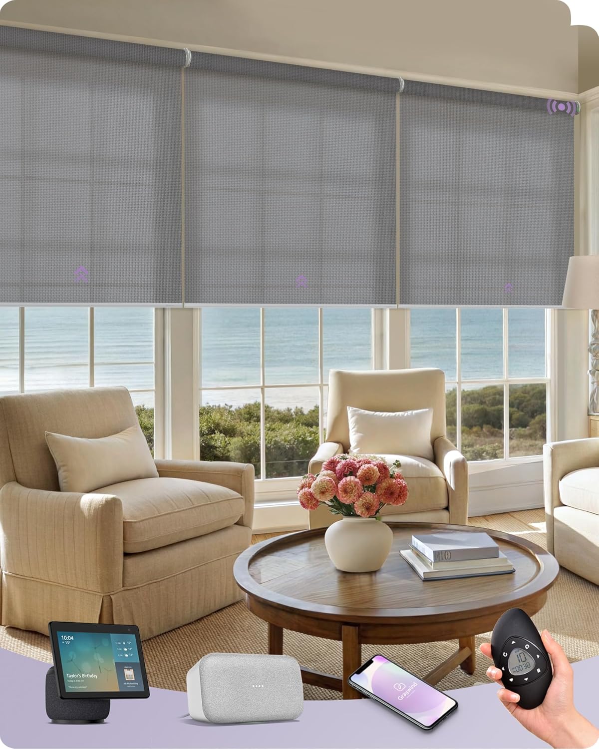 Graywind Smart Coupled Roller Shades Compatible with Alexa Google Custom Size Extra Large Motorized Blinds for Windows(5% Openess Grey)