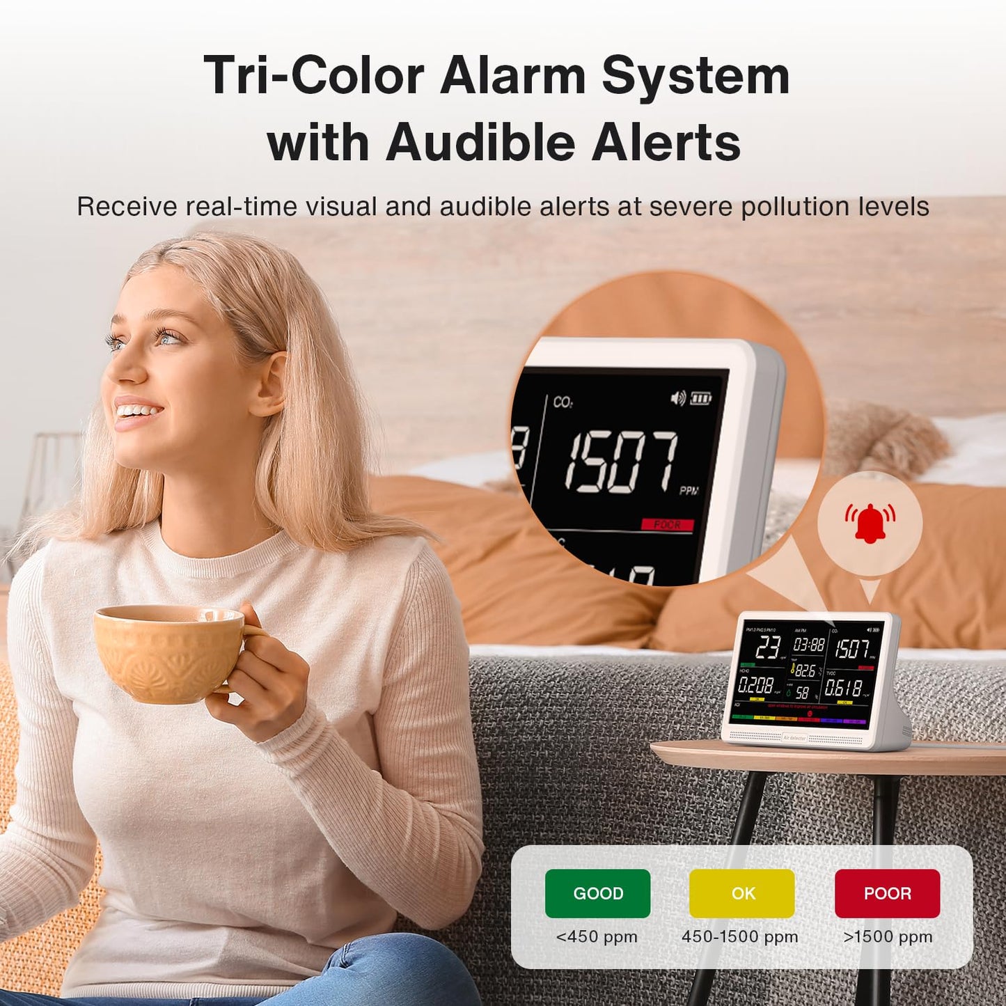 Upgrade Extended 12-Hour Battery Life 16 in 1 Air Quality Monitor Indoor with 7" Display, Professional Air Quality Meter for CO2, TVOC, PM2.5, PM1.0, PM10, HCHO, Temperature, Humidity, AQI & Time