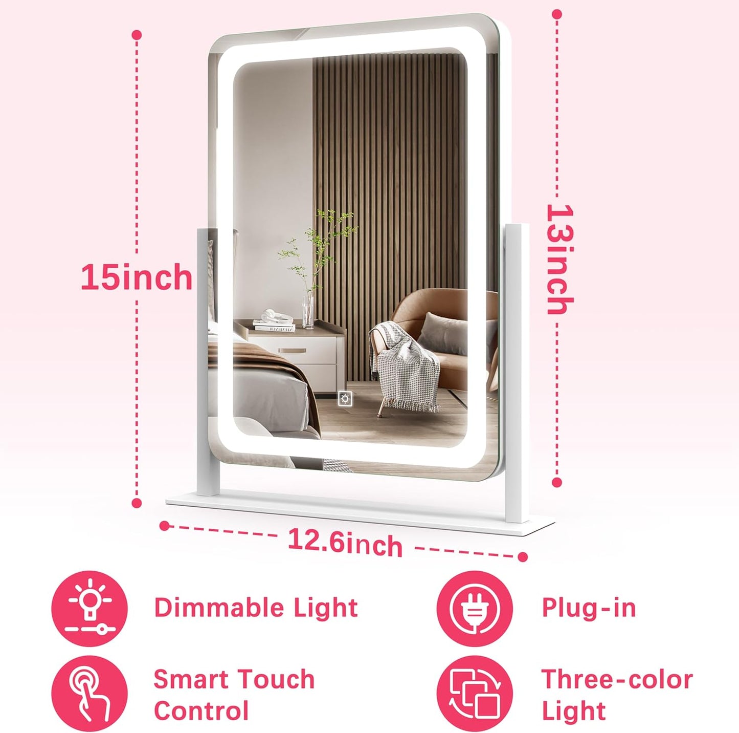 ROLOVE Vanity Mirror with Lights, 12.6"×15" LED Makeup Mirror, Lighted Makeup Mirror with Lights, Smart Touch Control Dimmable 3 Modes Light, Lighted Up Mirror for Makeup Desk, Bedroom, Dressing Room