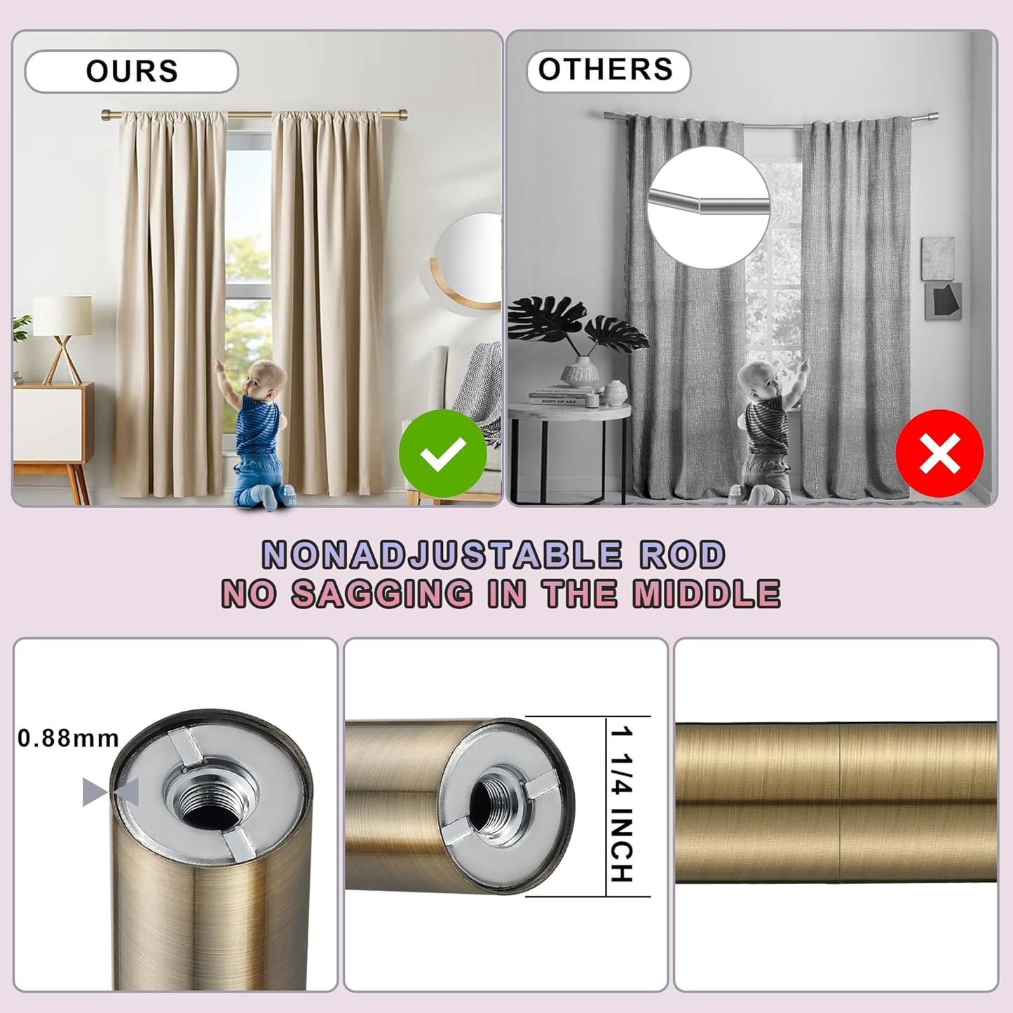 Heavy Duty Curtain Rods - 1 1/4" Large Diameter Premium Nonadjustable Curtain Rod - 36in/3ft Custom Window Treatment Rods with Durable Aluminum Brackets and End Caps,Antique Bronze Finish