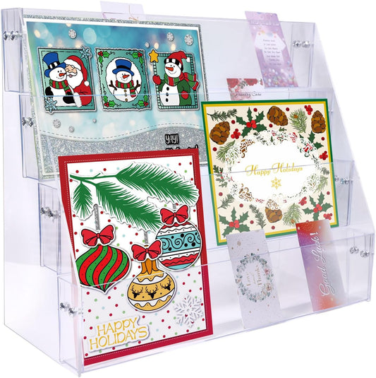 GLOBLELAND 4-Tier Clear Acrylic Sticker Display Stand Sticker Display Rack Holder Portable Card Display Rack for Greeting Cards Vendors Retail Business Brochure Postcard
