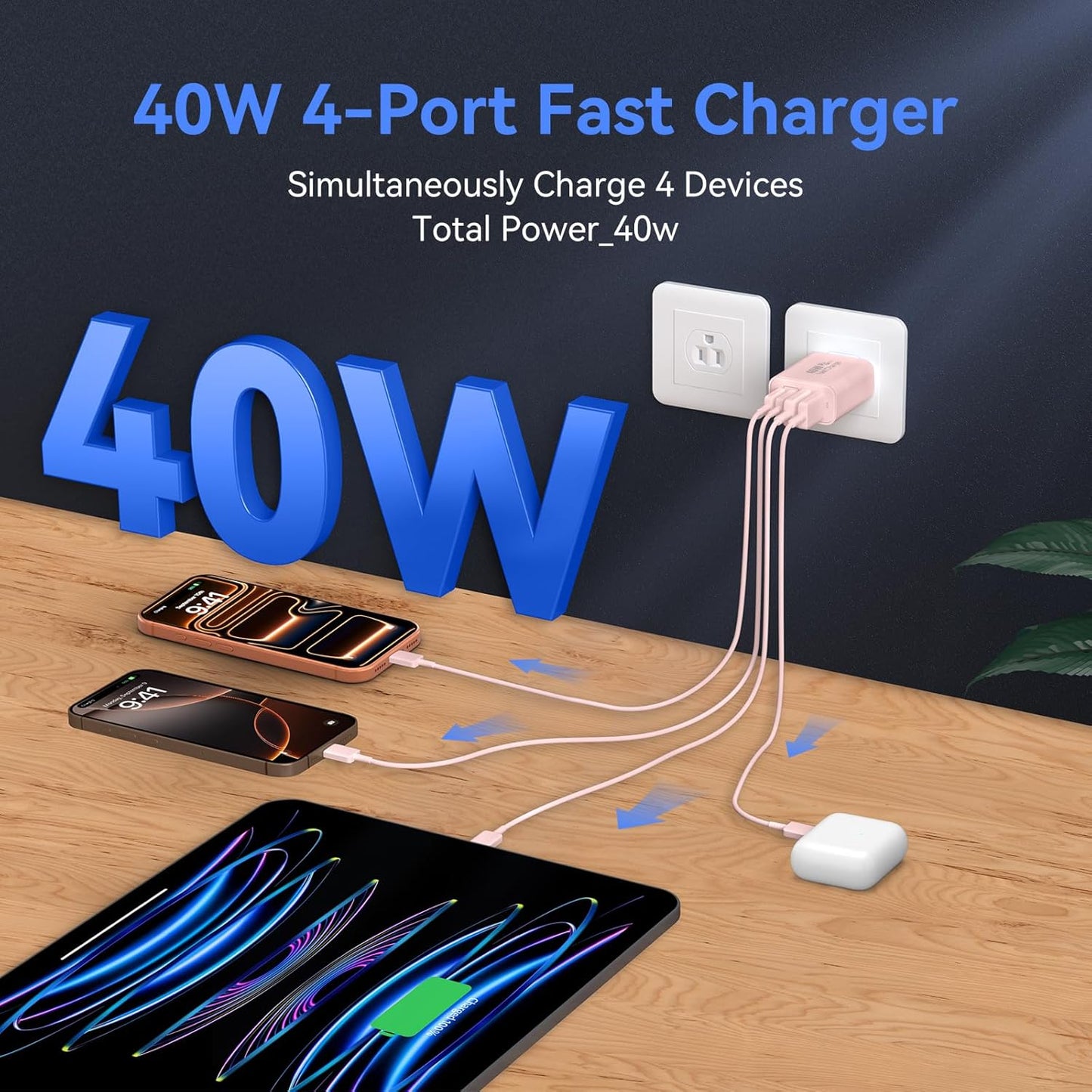USB C Wall Fast Charger Block, 40W 4-Port Type C Chargers Fast Charging Blocks PD Power Charger Adapter+QC 3.0 USB Multiport Charger Brick for Phone 17/16/15/14/13/12 Pro Max, i-Pad, Galaxy S25-2Pack
