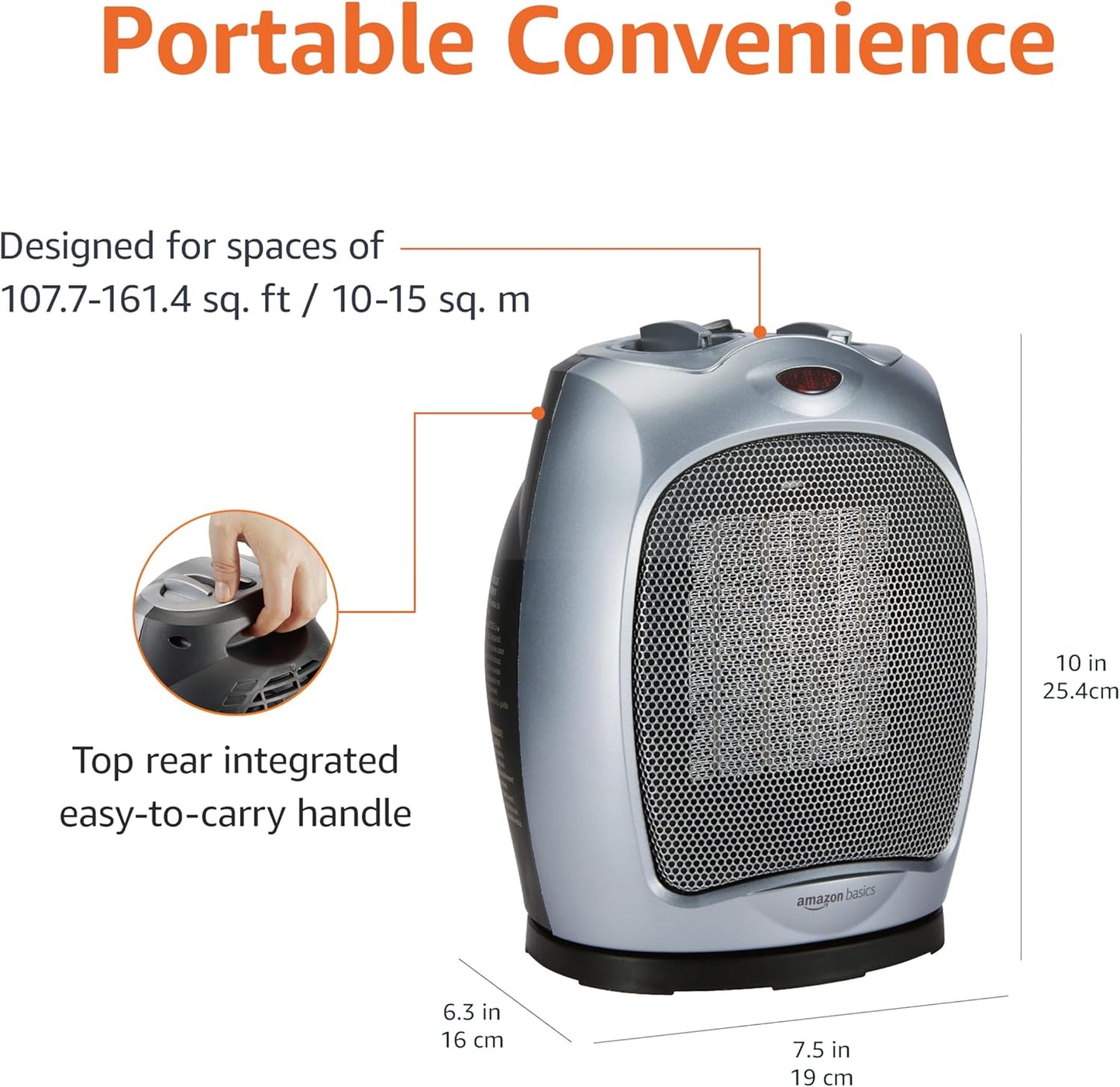 Amazon Basics Oscillating Ceramic Space Heater, Portable Indoor Heating Solution, With Overheat and Tip-Over Protection, Thermostat, 1500W, 7.52"D x 6.34"W x 9.45"H, Silver