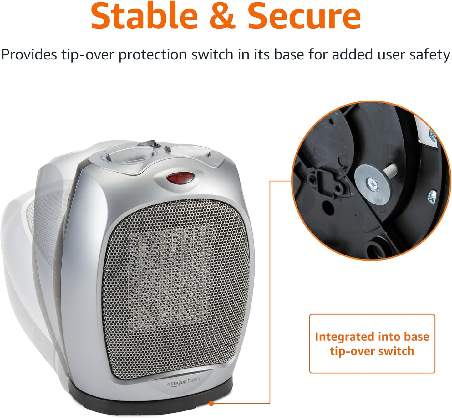 Amazon Basics Oscillating Ceramic Space Heater, Portable Indoor Heating Solution, With Overheat and Tip-Over Protection, Thermostat, 1500W, 7.52"D x 6.34"W x 9.45"H, Silver