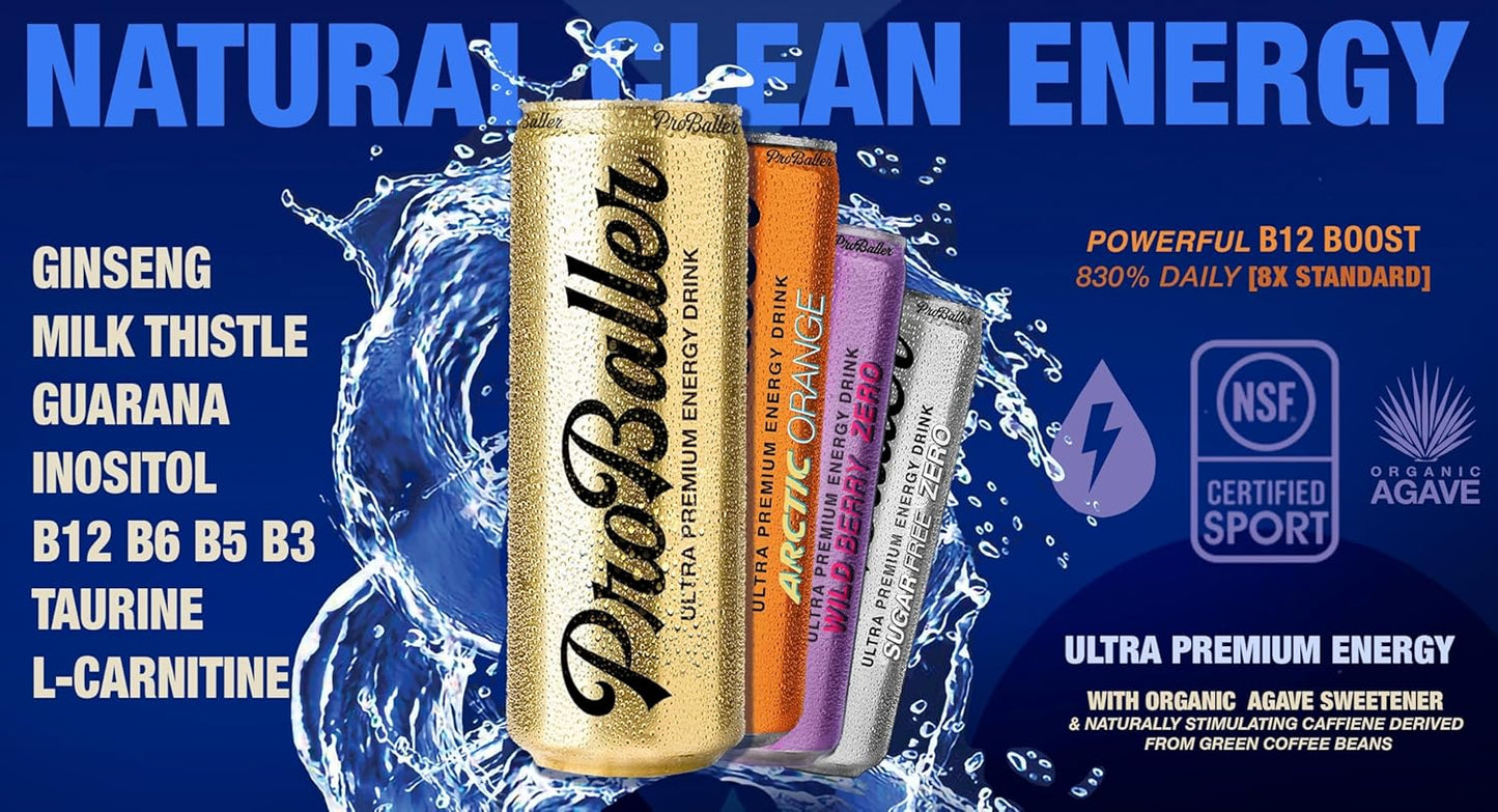 ProBaller Ultra Premium Energy Drink - Natural Clean NSF Certified Sport Drink with Amino Acids, Taurine, Biotin, Organic Agave, Vitamin B 12 Methylcobalamin, & Electrolytes - 15 Pack - Spurs Edition