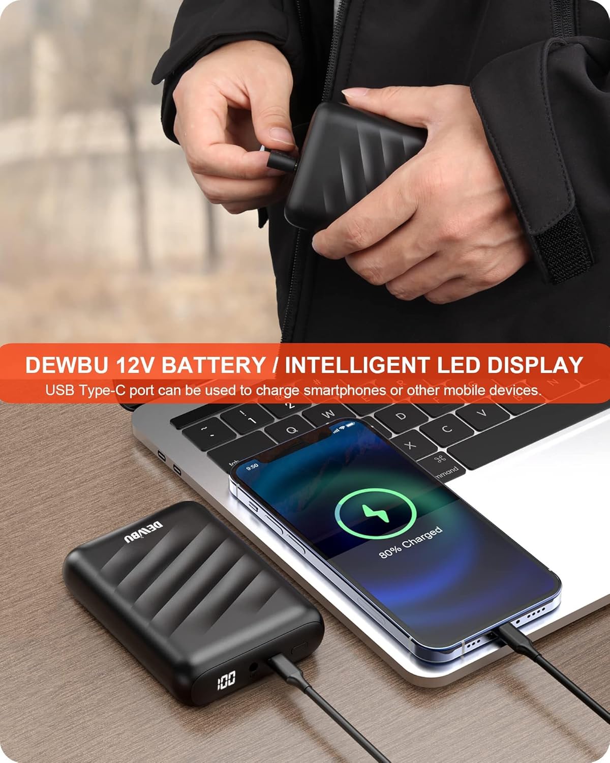 DEWBU Soft Shell Heated Jacket for Men with 12V Battery Pack and Detachable Hood Outdoor Electric Heating Coat