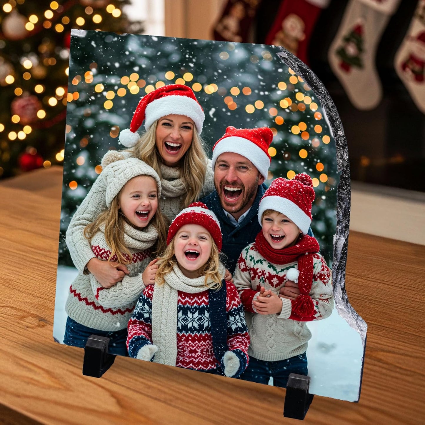 ArtPix 3D Christmas Personalized Slate Plate, Customized Xmas Photo Print Stone, Custom Picture Gift for Wife, Women, Family, Her, Him, Rock Slate Plaque Frame (Small - Right Contour Shape)