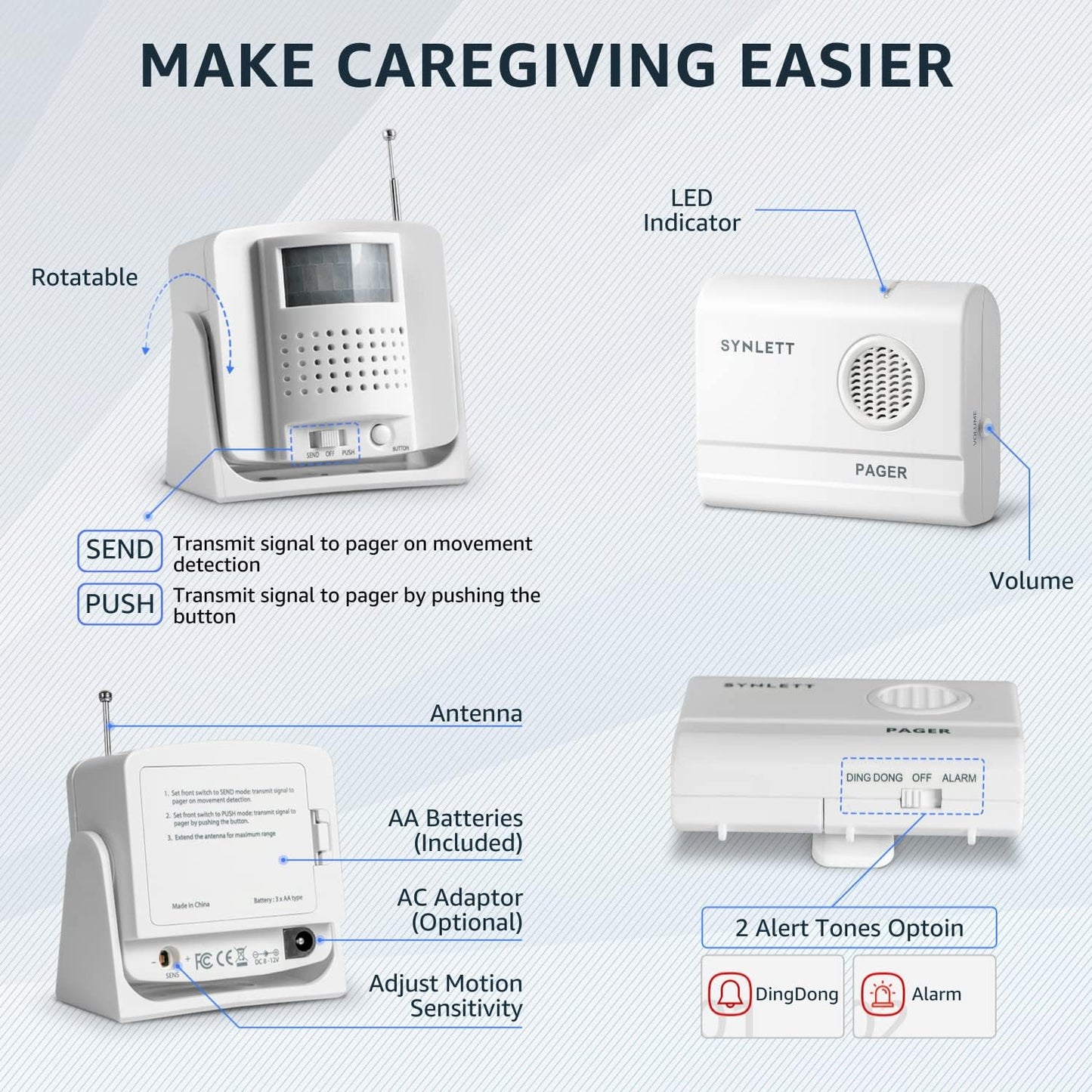 Caregiver Pager Wireless Call Buttons Motion Sensor Alarm Indoor for Elderly Monitoring Fall Prevention Bed Alarm Alert System Portable Nurse Call for Seniors Dementia Patients Emergency