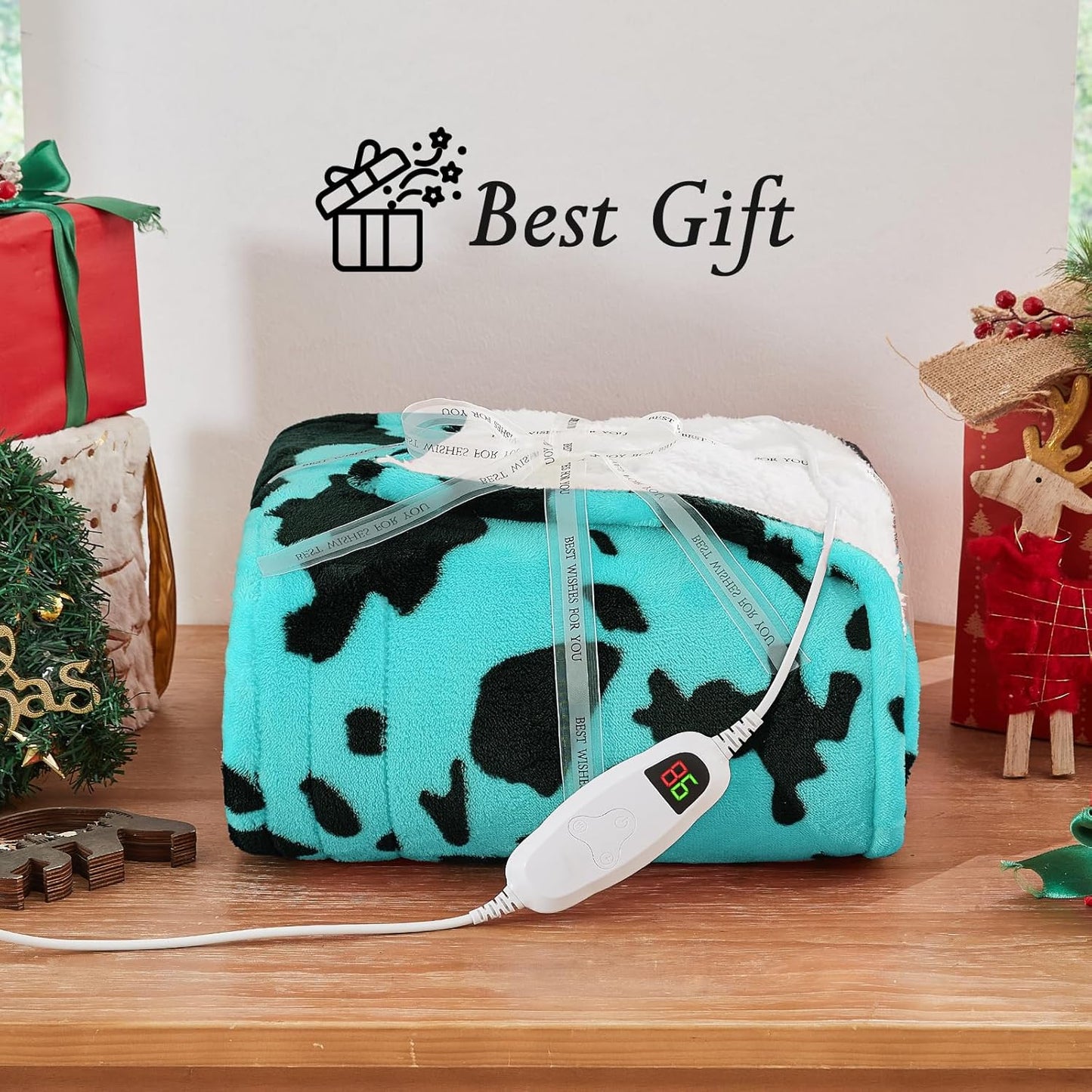 Cow Print Electric Heated Blanket King Size,90X100 Green Heating Blanket King with Dual Control&Timer&10 Heat Levels,Highland Cow Decor Fleece Sherpa Blankets Warmer Gifts for Bed Women Adults