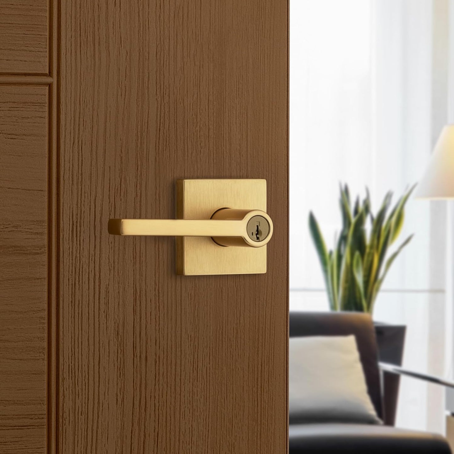 Kwikset Halifax Entry Door Handle with Lock and Key, Secure Keyed Reversible Lever Exterior, for Front Entrance and Bedrooms, Satin Brass, 4 Pack, Pick Resistant SmartKey Rekey Security
