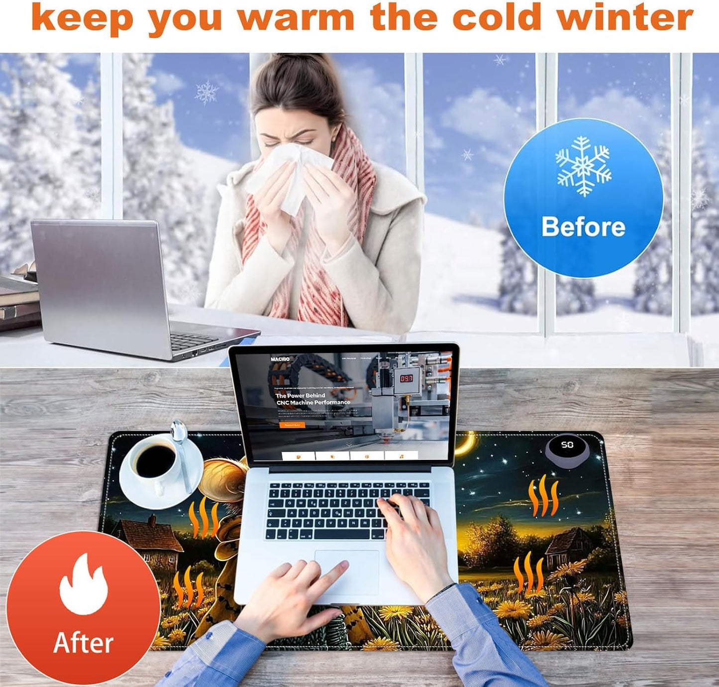 Heated Mouse Pad for Desk 31.5" x 13" – PU Leather Warm Desk Pad with 3 Heat Levels (104°F/113°F/122°F), Plug-in Electric Heating Mat with Auto Shut-Off, Waterproof & Rollable, Mouse with Dandelion