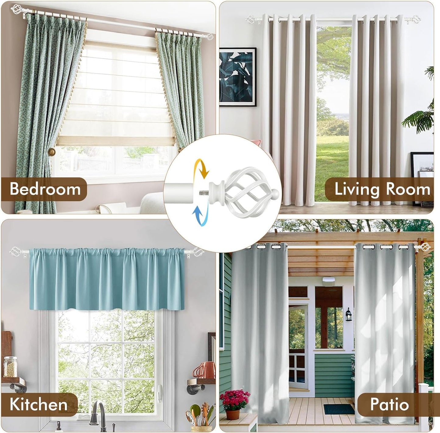 KAMANINA White Curtain Rod 32 to 58 Inch(2.6-4.8ft), Adjustable Curtain Rods for Windows 28 to 48 Inch, 3/4 Inch Splicing Drapery Rods with Twisted Cage Finial