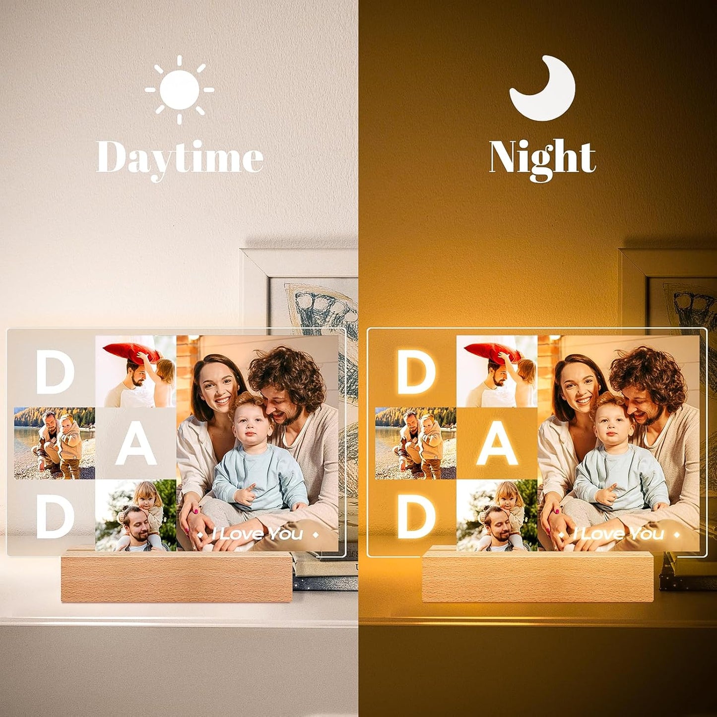 Personalized DAD Picture Frames, Customized Photo Frame with Night Light, Custom Picture Frames, Best Dad Ever Gifts, Personalized Birthday Gifts for Dad from Daughter Son Wife