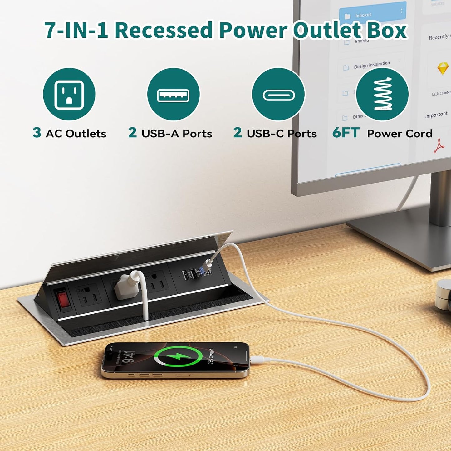 QBA Tabletop Brush Connectivity Box Outlet, Recessed Power Strip with USB-C 30W, 3 TR Outlets, 4 USB Ports, for Home Office, Silver