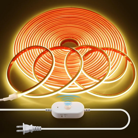 AC 110V Motion Sensor COB LED Strip Light Outdoor Waterproof 40FT/12M Plug In Warm White 3000K High Density 288LED/M Adjustable Time-Delay Flexible Motion Activated Led Light Strip for Cabinet Stairs