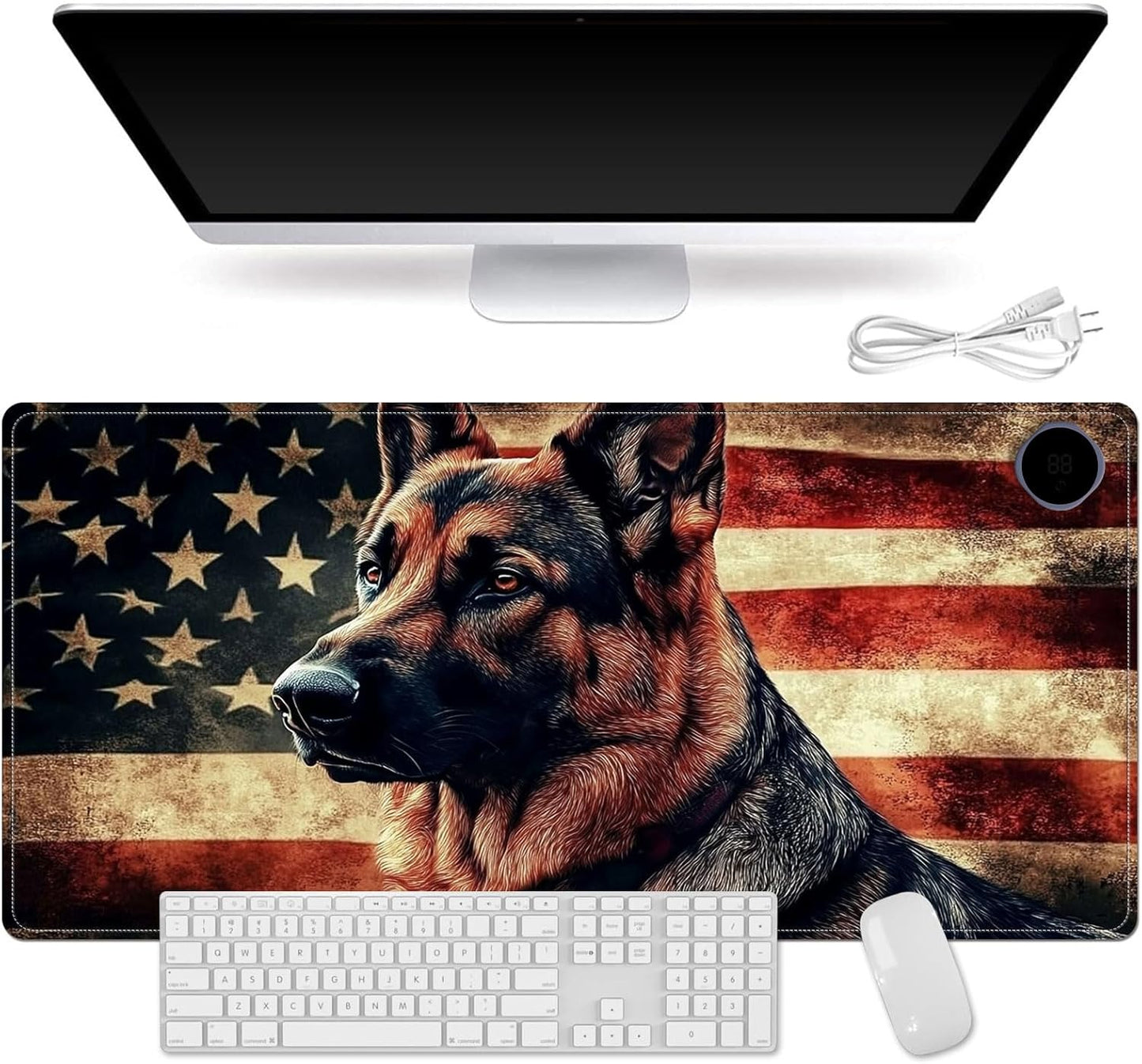 Small Heated Desk Pad 23.6" x 14.2" – Compact Electric Mouse Pad with 3 Heating Levels, Auto Shut-Off, Waterproof PU Surface, Plug-in Warmer for Office or Home Use, German Shepherd