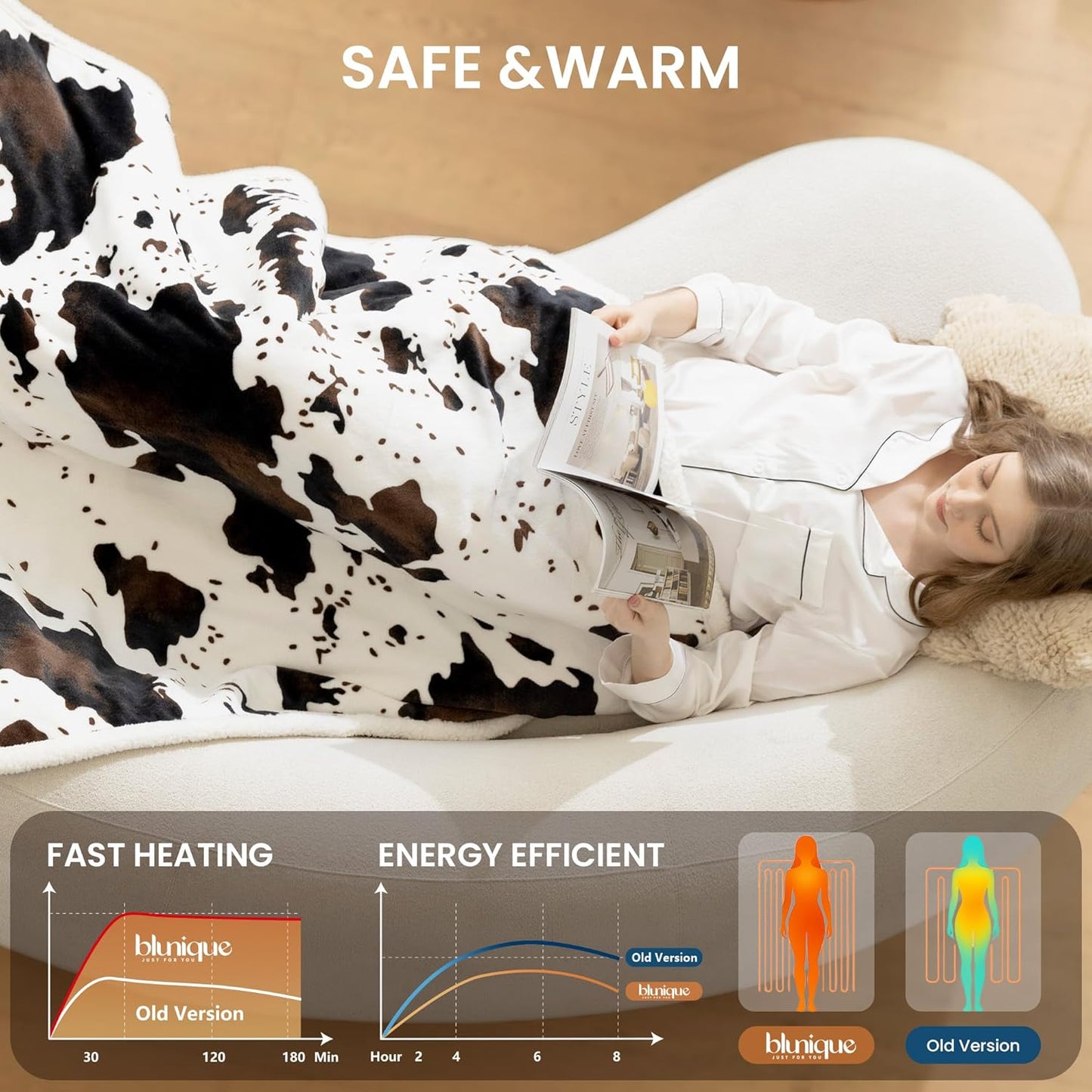 Cow Print Heated Throw Blanket Electric Blanket-Heating Blanket Throw with 10 Heat Levels & 10 Hours Auto Off, Cozy Soft Fleece Sherpa, Washable, 50 x 60 Inches Cow Print White