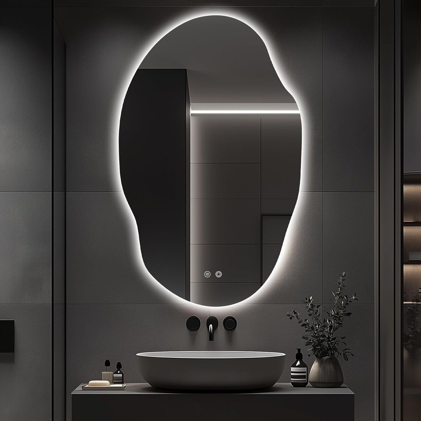 Asymmetrical LED Bathroom Mirror with Lights,Irregular Led Bathroom Vanity Mirror for Wall with Backlit, Anti Fog, 3 Colors and Dimmable Light,[Horizontal/Vertical] 48" H x 30" W