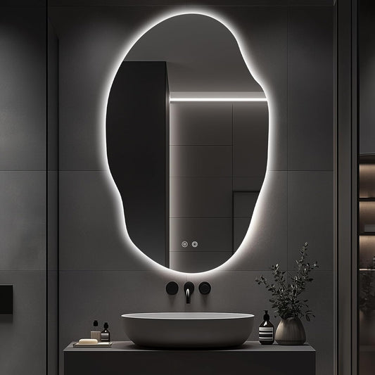 Asymmetrical LED Bathroom Mirror with Lights,Irregular Led Bathroom Vanity Mirror for Wall with Backlit, Anti Fog, 3 Colors and Dimmable Light,[Horizontal/Vertical] 48" H x 30" W