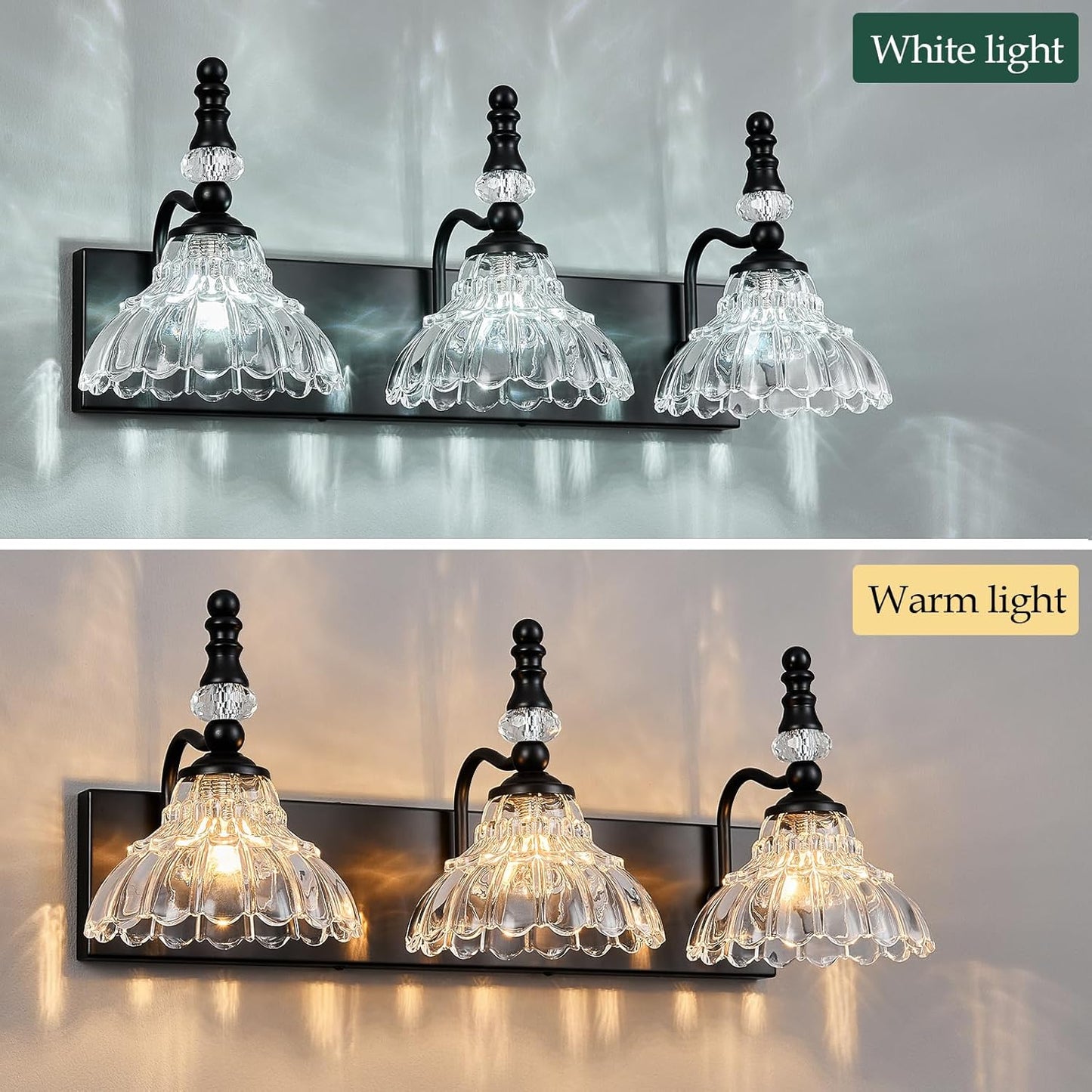 Vintage Bathroom Vanity Light, 3-Light Black Vanity Lighting Fixture with Flower Glass Shade, Bathroom Lighting Fixtures Over Mirror