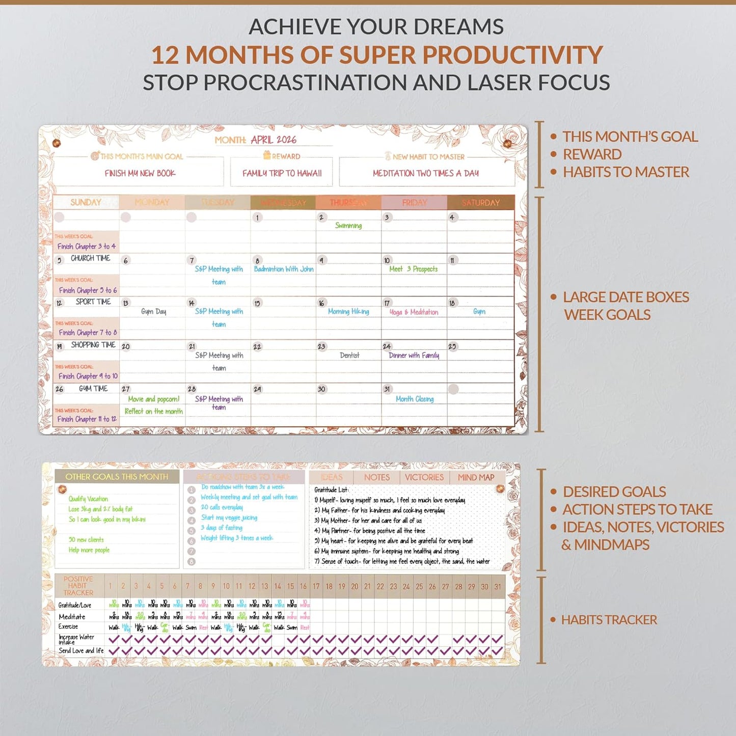Magnetic Whiteboard for Fridge - Large Dry Erase Calendar for Wall | 3 Magnetic Dry Erase Board 10.5" x 16.5" & 7" x 16.5", Monthly Goal Setting & Habit Tracker, 5 Markers and 6 Adhesive Hooks