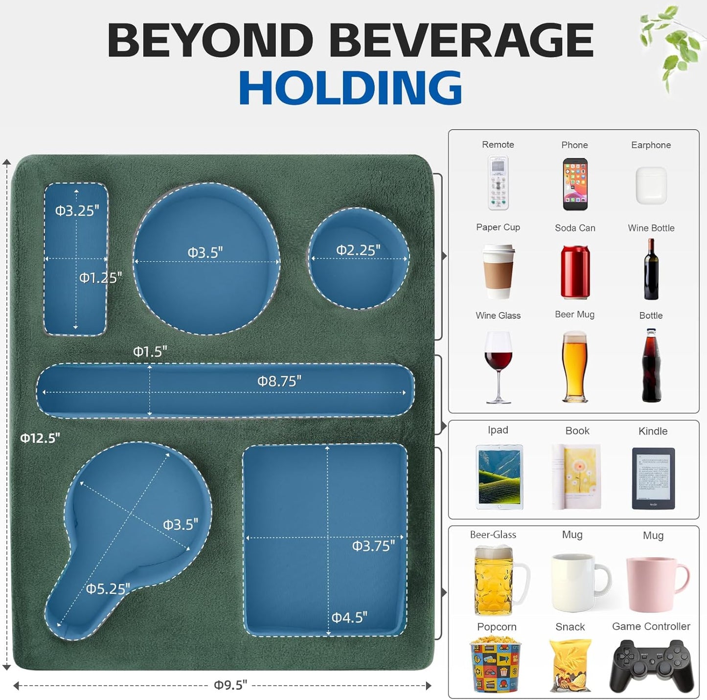 G GOOD GAIN Couch Cup Holder Pillow-Sofa Cup Holder Cozy Buddy | Bed Drink Caddy Holds Tablet, Remote, Snacks | Waterproof Anti-Spill Sofa Beverage Tray for Car, Park, Beach, Picnic, Boat, RV(Green)