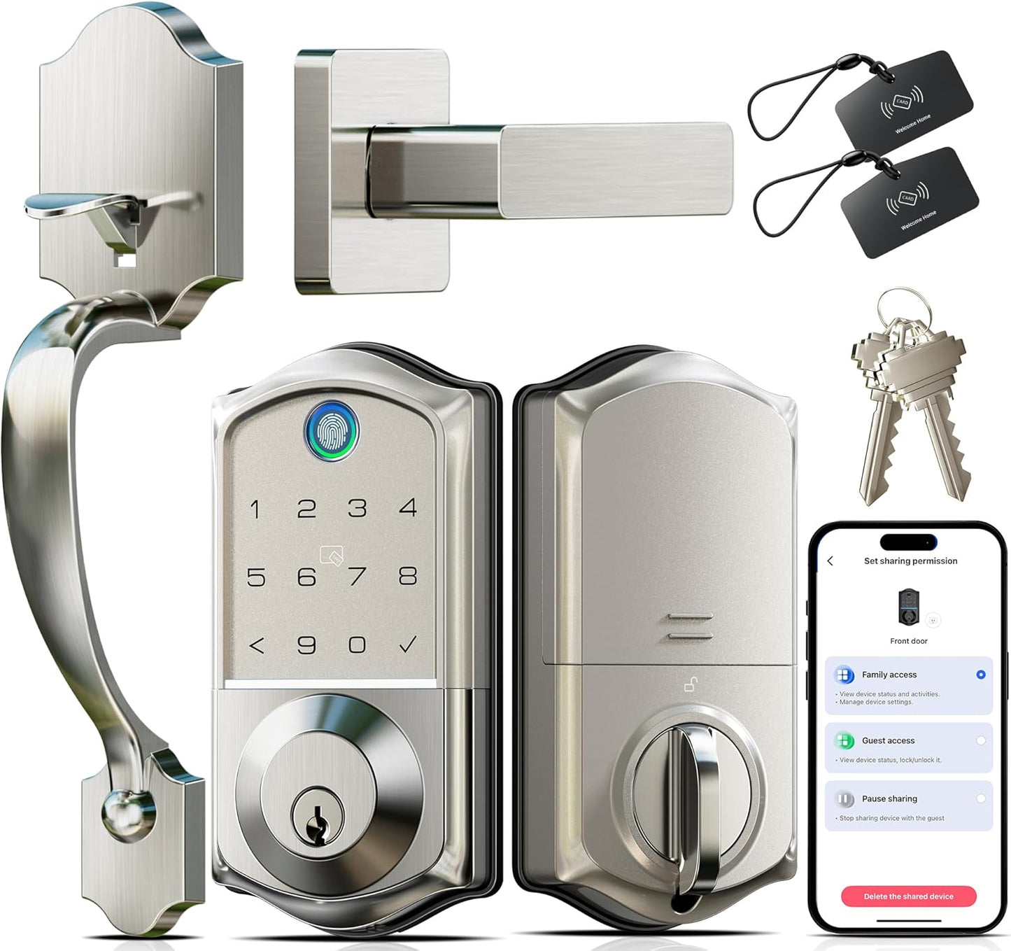 Veise VE017-H Fingerprint Smart Front Door Lock Set, App Control, Keyless Entry Deadbolt with Handle, Smart Deadbolt, Emergency Power Port, Touchscreen Keypad, Auto Lock, Easy Install, Satin Nickel