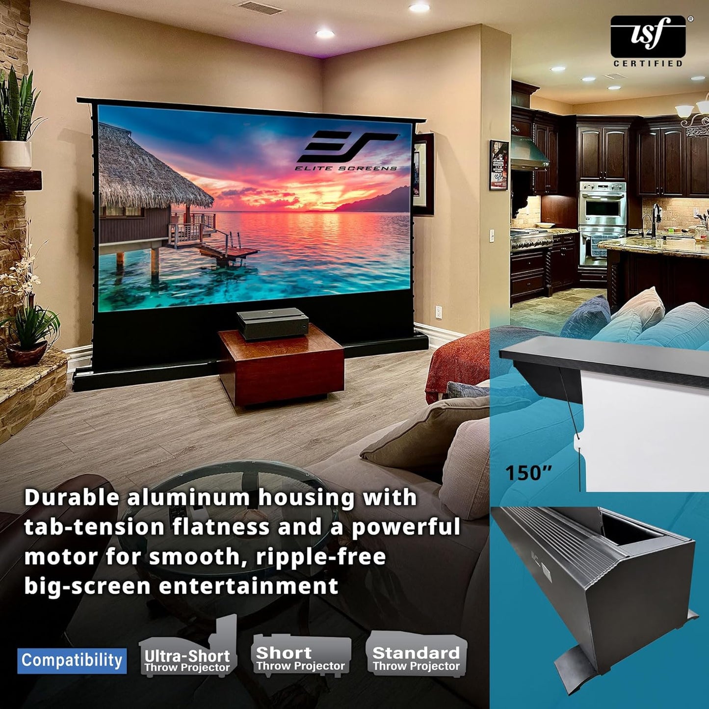 EliteProjector Screens Kestrel Tab-Tension 3 CineWhite, 183" Diag., 16:9 Aspect Ratio, ISF Certified 4K/8K Ultra HD Electric Floor-Rising Motorized Tab-Tensioned Front Projector Screen, FTE183H3