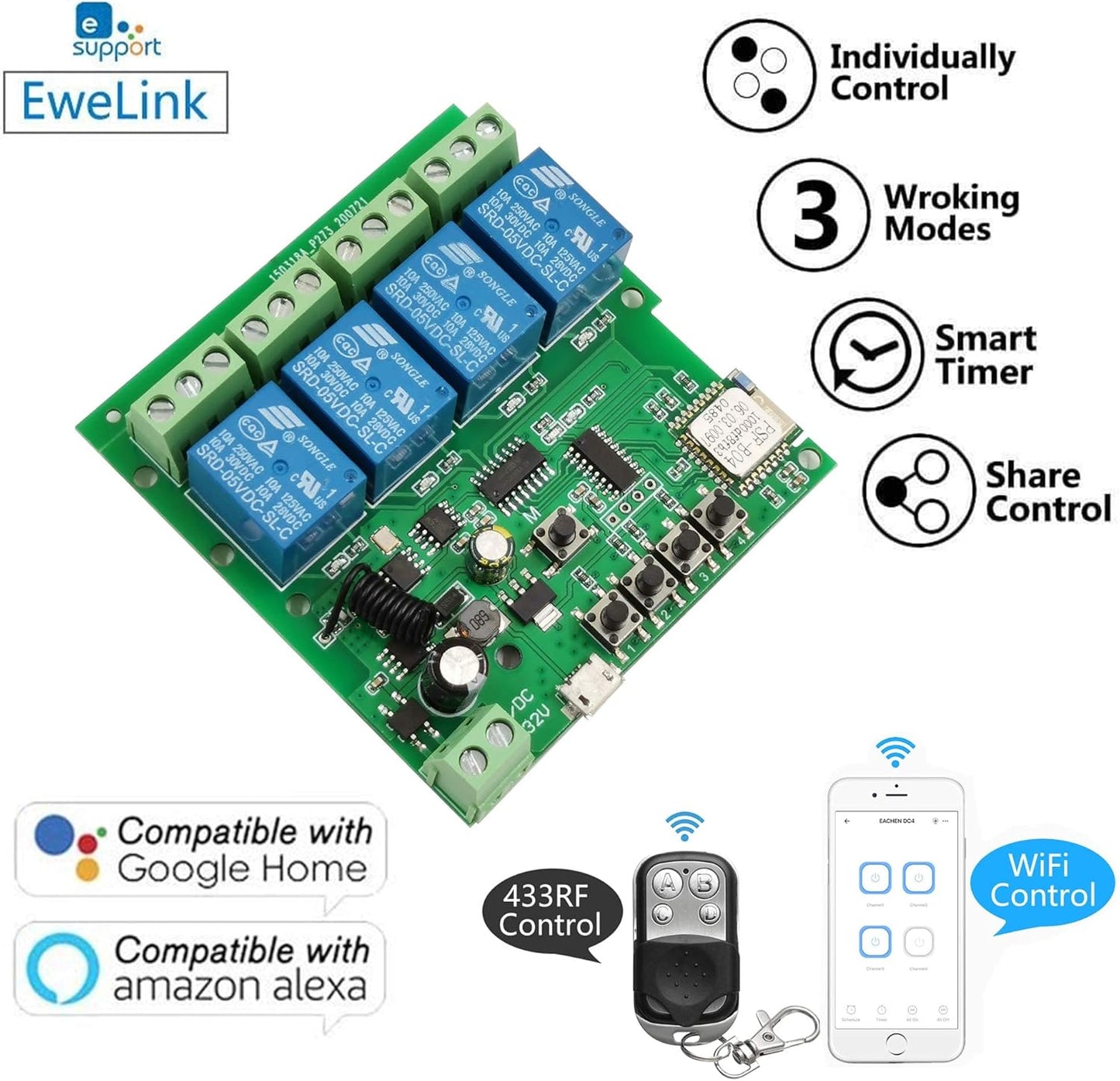 4 Channels WiFi Wireless Smart Switch Inching Self-Locking Relay Module,for DIY Access Control, Garage Door Opener with 433RF Remote Control （Ewelink App）
