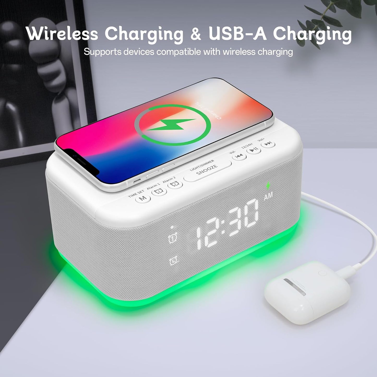 Bluetooth Alarm Clock Radio Bedroom, Digital Dual Alarm Clock Bedroom, Up to 10 Alarms Clock Night Light Speaker App/Button Control FM Charge Snooze Adjustable Volume Dim 12/24H, White