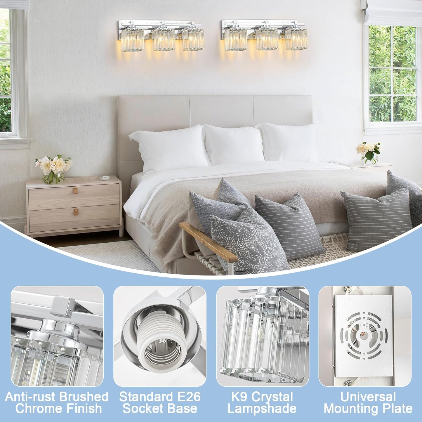 Crystal Bathroom Light Fixtures, 3 Light Chrome Vanity Lighting Over Mirror with Crystal Shades, Modern Bathroom Vanity Light for Restroom, Bath, Cabinet and Powder Room