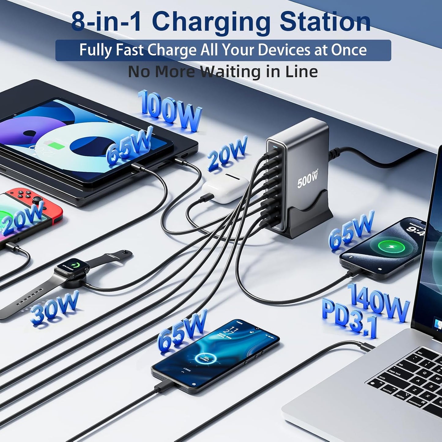 500W USB C Fast Charger Block, PD3.1 140W 8 Port USB Charging Station, GaN Ⅲ Pro PD PPS Fast Charging Station for Multiple Devices,Laptop Wall Charger Compatible with iPhone 17/iPad/MacBook etc