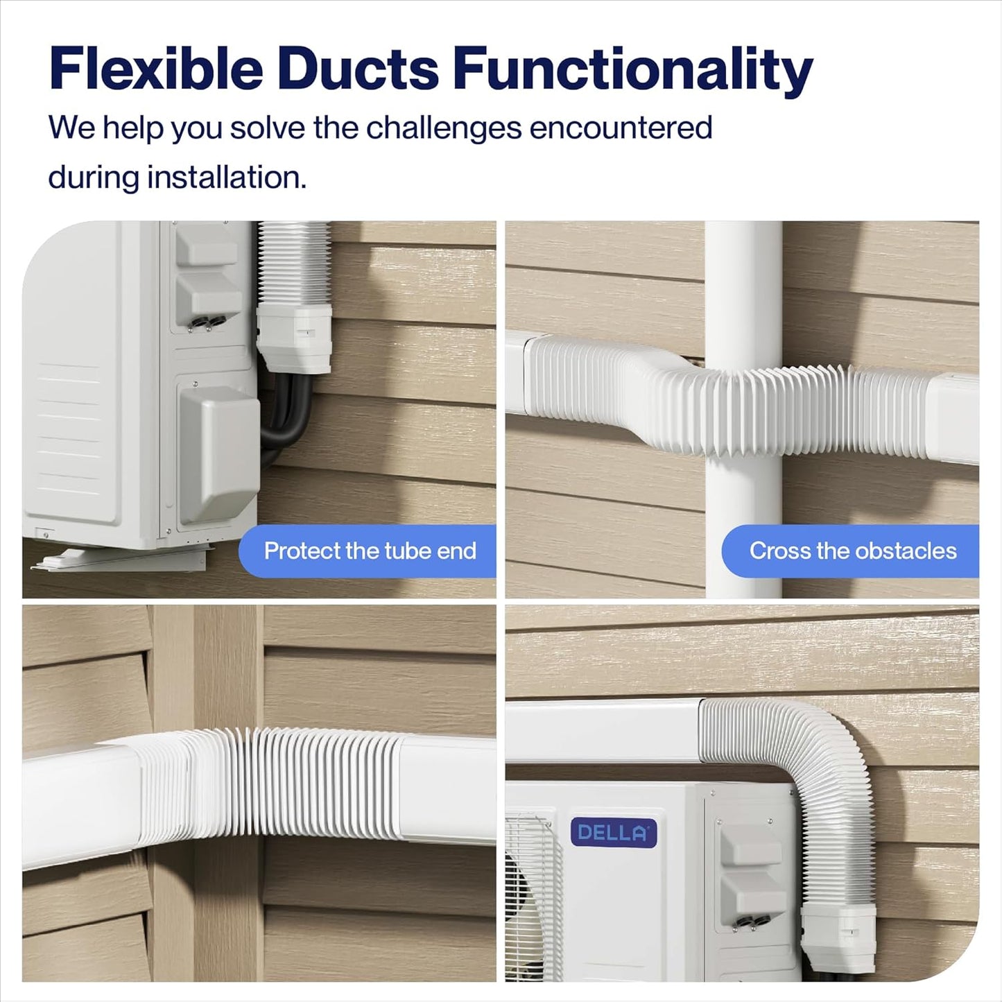 DELLA 4" 16Ft Mini Split Line Set Cover with Flexible Duct, Decorative PVC Lineset Cover Kit, Paintable for Air Conditioner, Central AC, HAVC & Heat Pumps Systems Tubing Cover, White