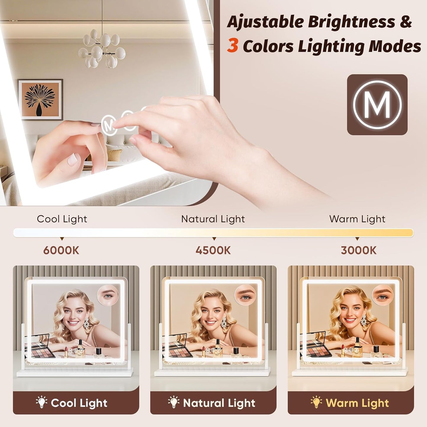 Vanity Mirror with Lights, 22"x19" Hollywood Lighted Makeup Mirror for Tabletop & Bedroom 3 Color Lighting Modes Smart Touch Control 360° Rotation Detachable