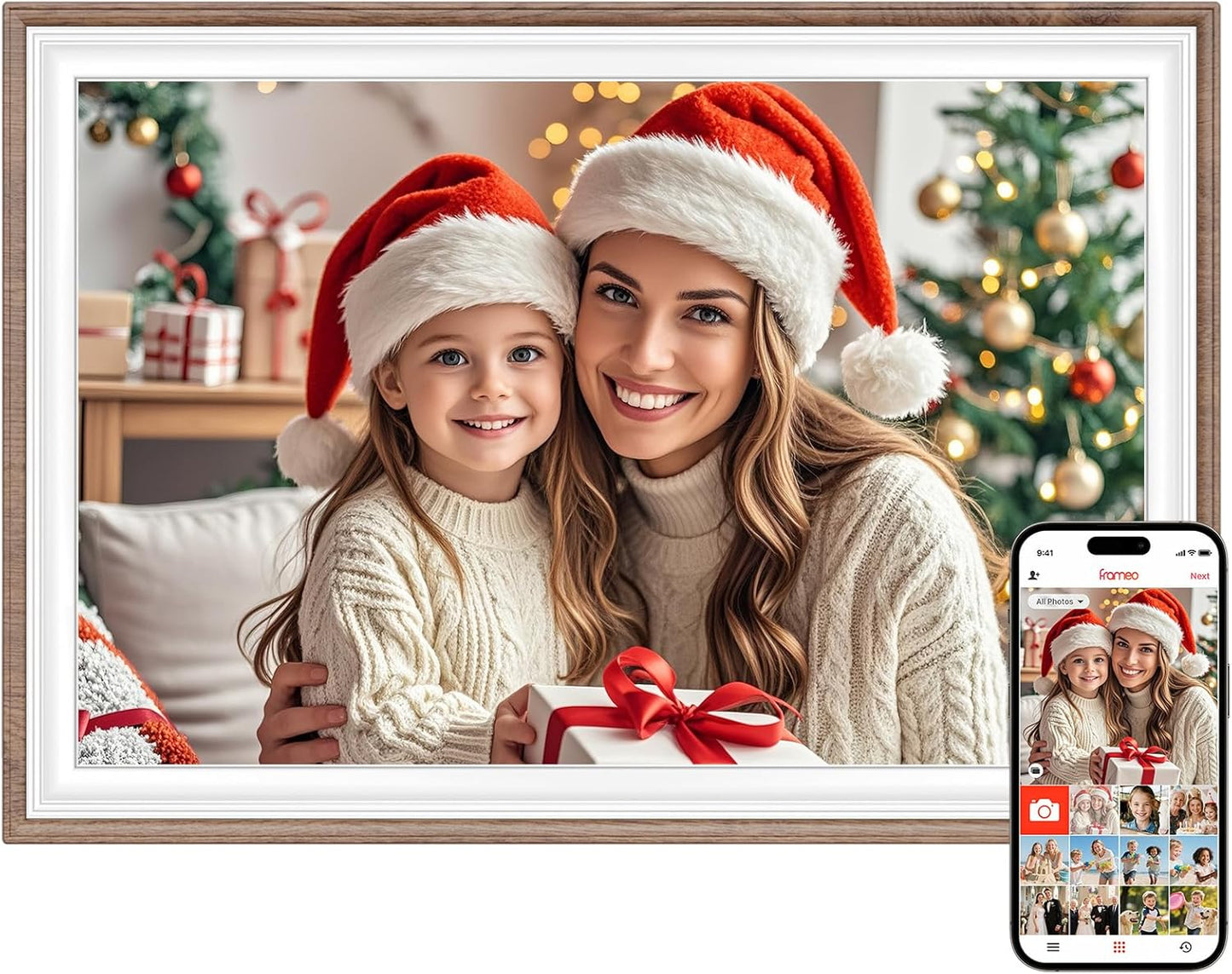 Frameo 10.1" Digital Picture Frame, Smart WiFi Digital Photo Frame with 1280x800 HD IPS Touch Screen 32GB Storage Auto-Rotate Wall Mounted, Share Photos/Videos Remotely(Brown&White)