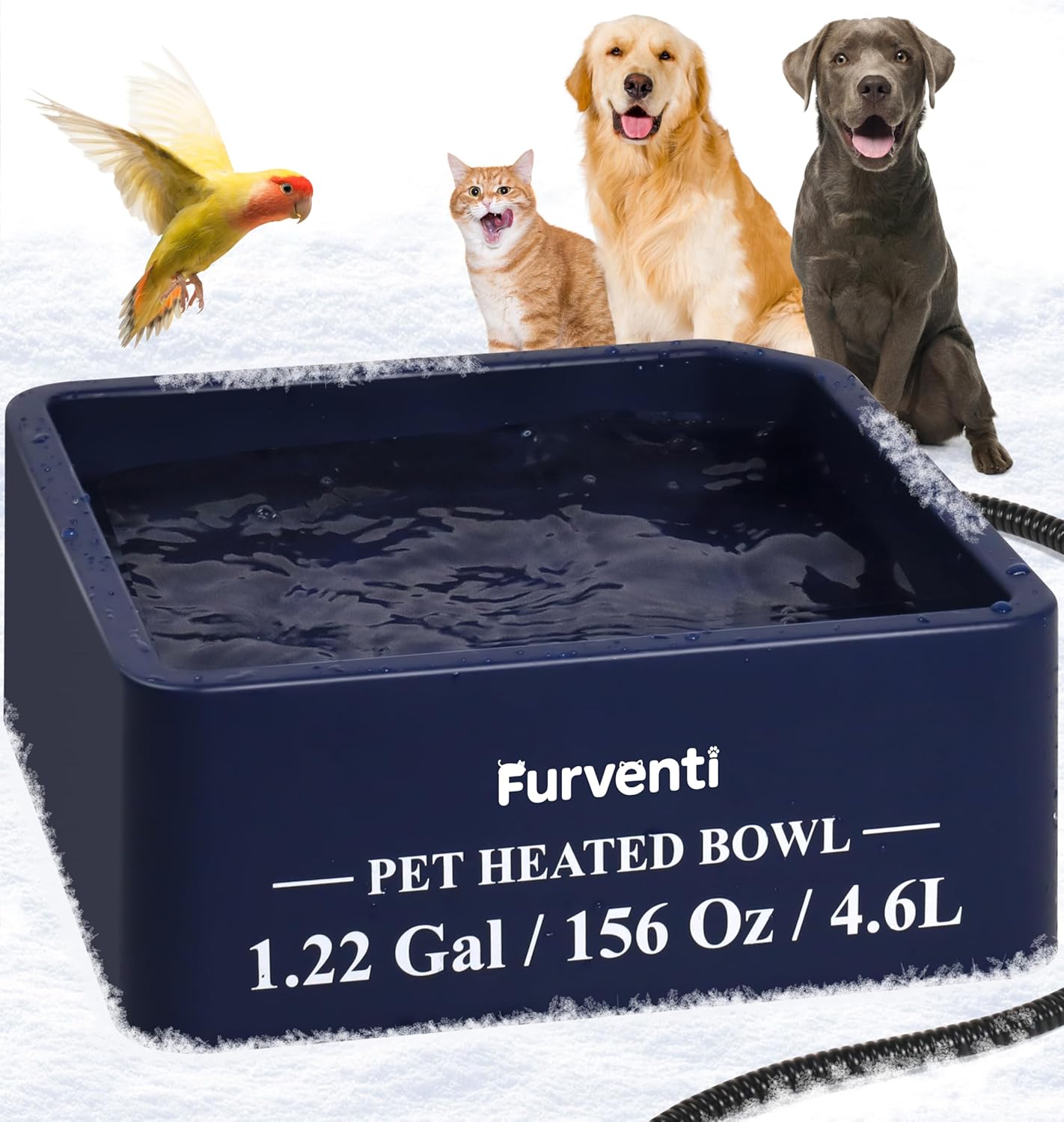 Heated Water Bowl for Dog Cat,1.22 Gallon,Outdoor Waterproof Heated Pet Water Dish with 79" Chew Resistant Cord for Rabbit, Chicken, Duck, Squirrel (Dark Blue)