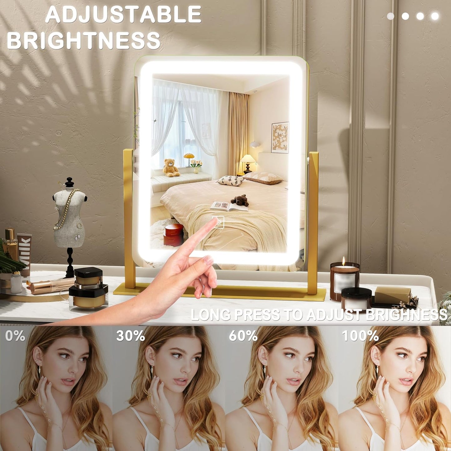 ROLOVE Vanity Mirror with Lights, 12.6"×15" LED Makeup Mirror, Lighted Makeup Mirror with Lights, Smart Touch Control Dimmable 3 Modes Light, Lighted Up Mirror for Makeup Desk, Gold